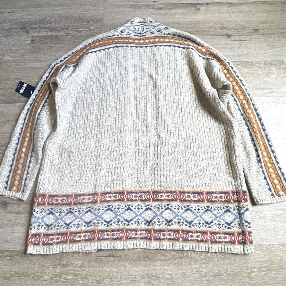 Lucky Brand Cardigan Women L Open Front Geometric Aztec Beige Boho Pockets Long - Picture 10 of 10